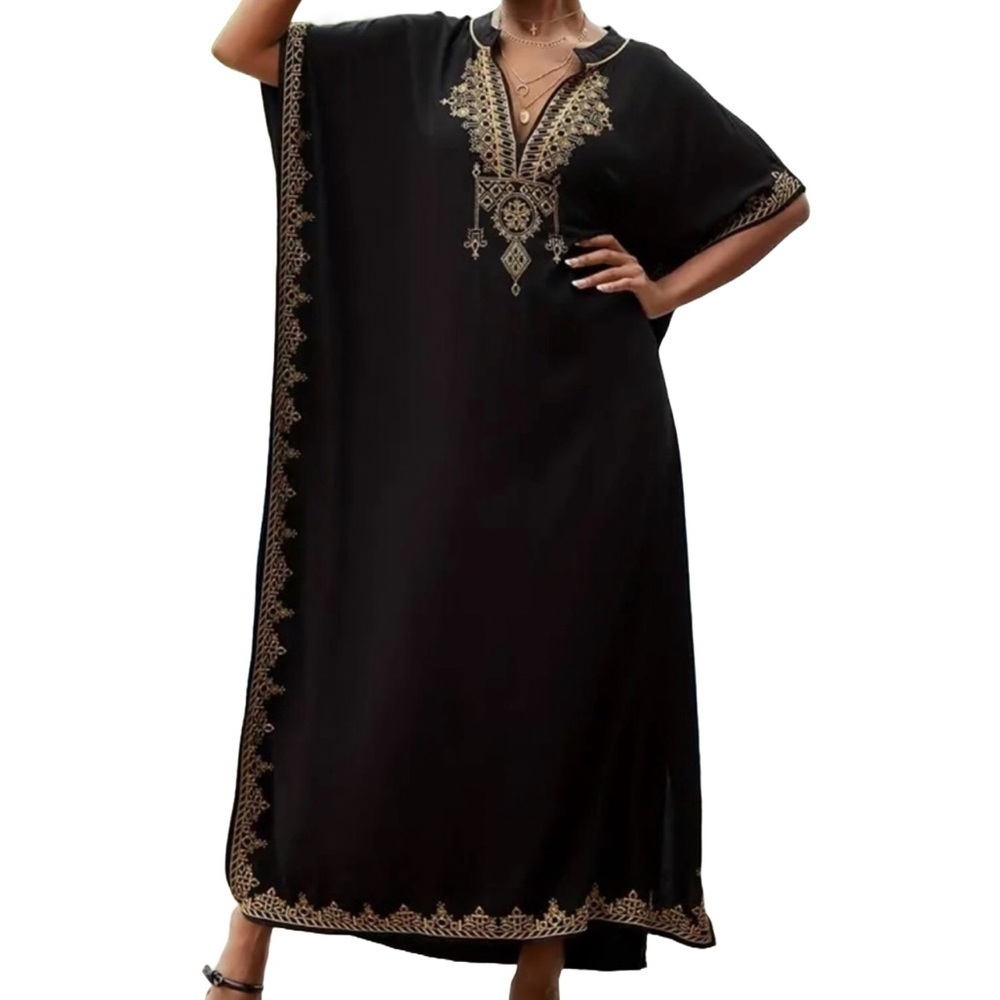 Elegant Black Gold Embroidered Kaftan Cover Up Maxi Dress - Picture 5 of 13